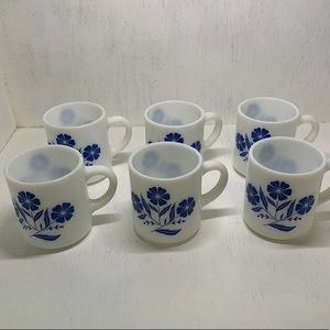 Vintage Hazel Atlas Milk Glass Blue 8 oz Cornflower Set of 6 Mugs / Coffee Cups